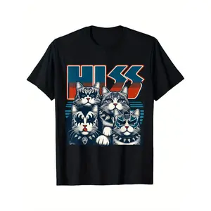 Men'S KISS Band Cat Graphic T-Shirt, 100% Cotton, Casual Crew Neck, Regular Fit, Slight Stretch, Retro Humor Print, with 180g Summer Knit Fabric, for Everyday Wear, Ideal Birthday Gift for Men