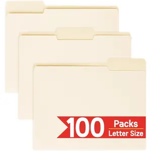 100 Packs Manila File Folder 8.5x11 Letter Size with 1/3 Cut Tabs, File Organizer Suitable for Office School and Home