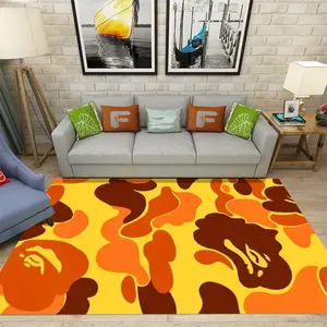 Streetwear Camouflage Ape Head Flannel Area Rug - Orange & Yellow Camo Print Soft Mat for Living Room & Bedroom, Non-Slip Hypebeast Home Decor #StreetwearRug #CamoApeHeadMat #HypebeastHomeDecor #OrangeYellowCarpet #NonSlipFlannelRug