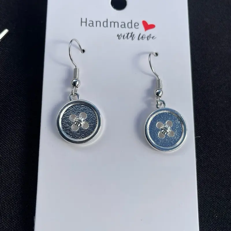 Handmade with Love Aretes de Botones Silver Button Earrings for Women Fashion Jewelry