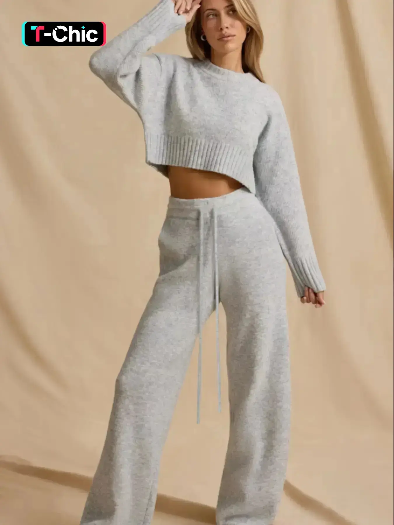 Women's Solid-Color Crewneck Cropped Knit Sweater Set, Long Sleeve Loose-Fitting Pullover and Pants, Warm for Autumn Winter, Simple Casual Basic Minimalist Knitted Two-Piece Outfit Womenswear Fitted Clothes, Pants Top Set