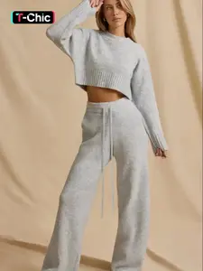 Women's Solid-Color Cropped Knit Sweater Set, Long Sleeve Loose-Fitting Pullover and Pants, Warm for Autumn Winter, Simple Casual Basic Knitted Two-Piece Outfit Womenswear Fitted Clothes