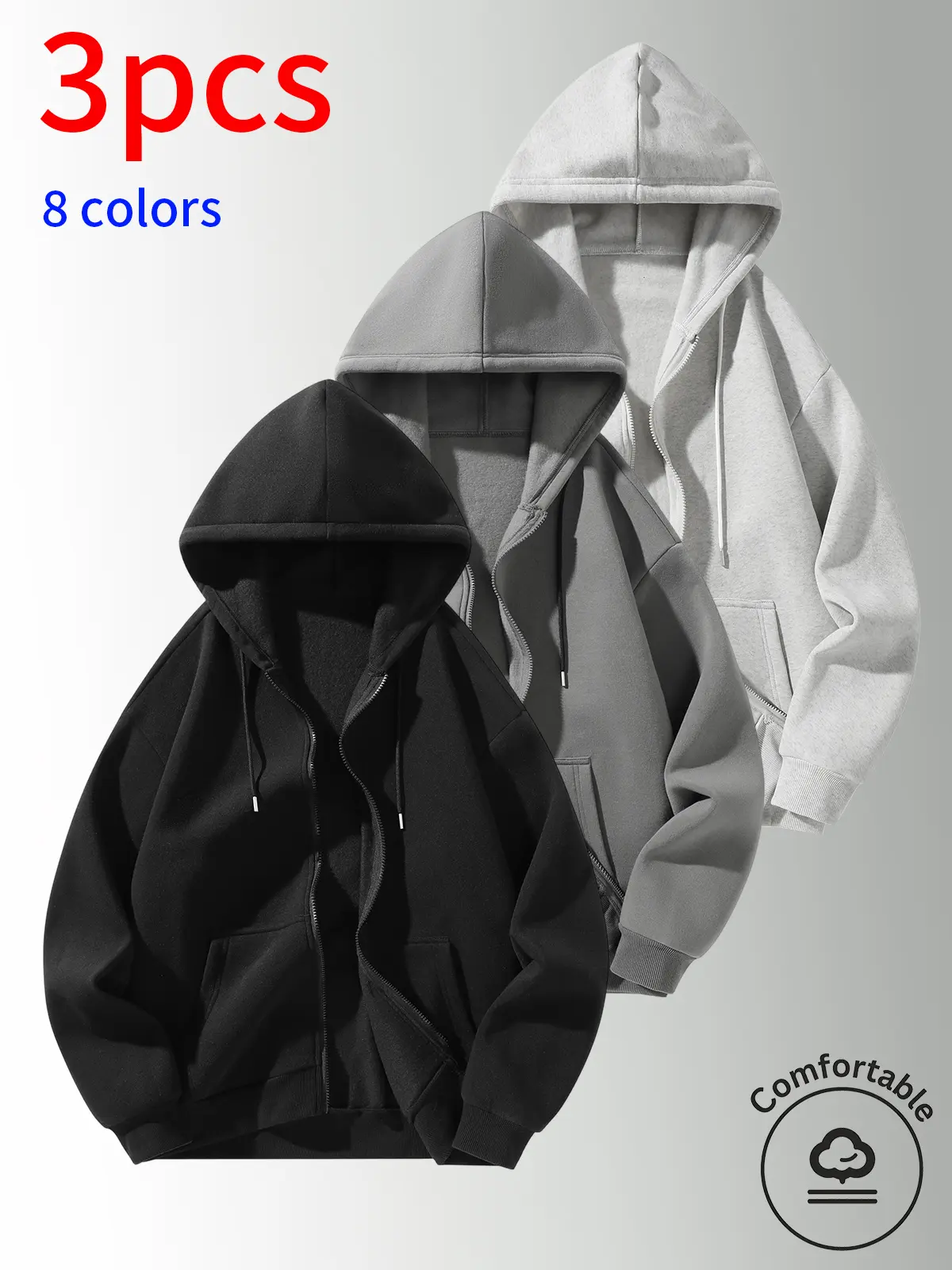 3-Pack Men's zip up fleece hoodie,drawstring pockets,basic hoodie,fall fleece sweatshirt,trendy sweatshirts, and a casual hooded long-sleeve jacket,a loose fit that suits all body types. fall Winter trendy casual male outfit