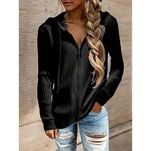 Women'S Casual Striped Zip-Up Hoodie - Long Sleeve, Loose Fit Knit Sweatshirt with Ribbed Detailing, Perfect for Spring & Fall, Hooded Sweatshir