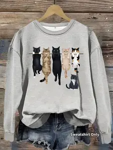 Women's Cat Print Animal Round Neck Baggy Sweatshirt, Casual Long Sleeve Crew Neck Pullover for Daily Wear, Ladies Fall & Winter Clothes, Hoodie