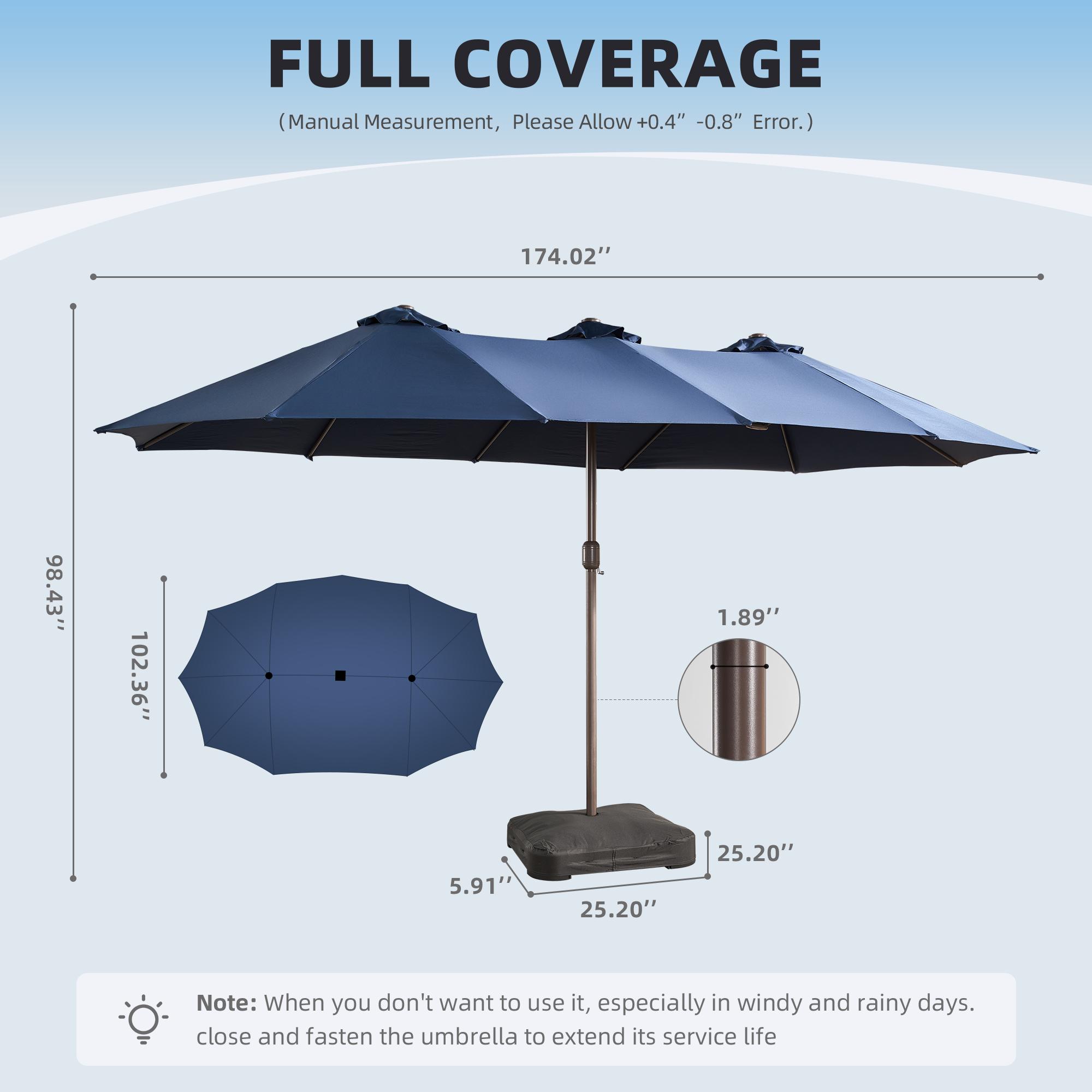 15FT Large Outdoor Patio Umbrella With LED Lighted, Rectangular Market Table Sun Parasol Umbrella with Base, Crank, Steel Ribs and Pole for Garden, Backyard,Sand, Pool