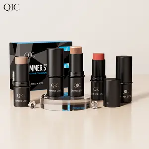 QIC 3-in-1 Shimmer Stick Set - Contour, Blush & Highlighter Kit for Face Sculpting & Glow Coverage Smooth Compact