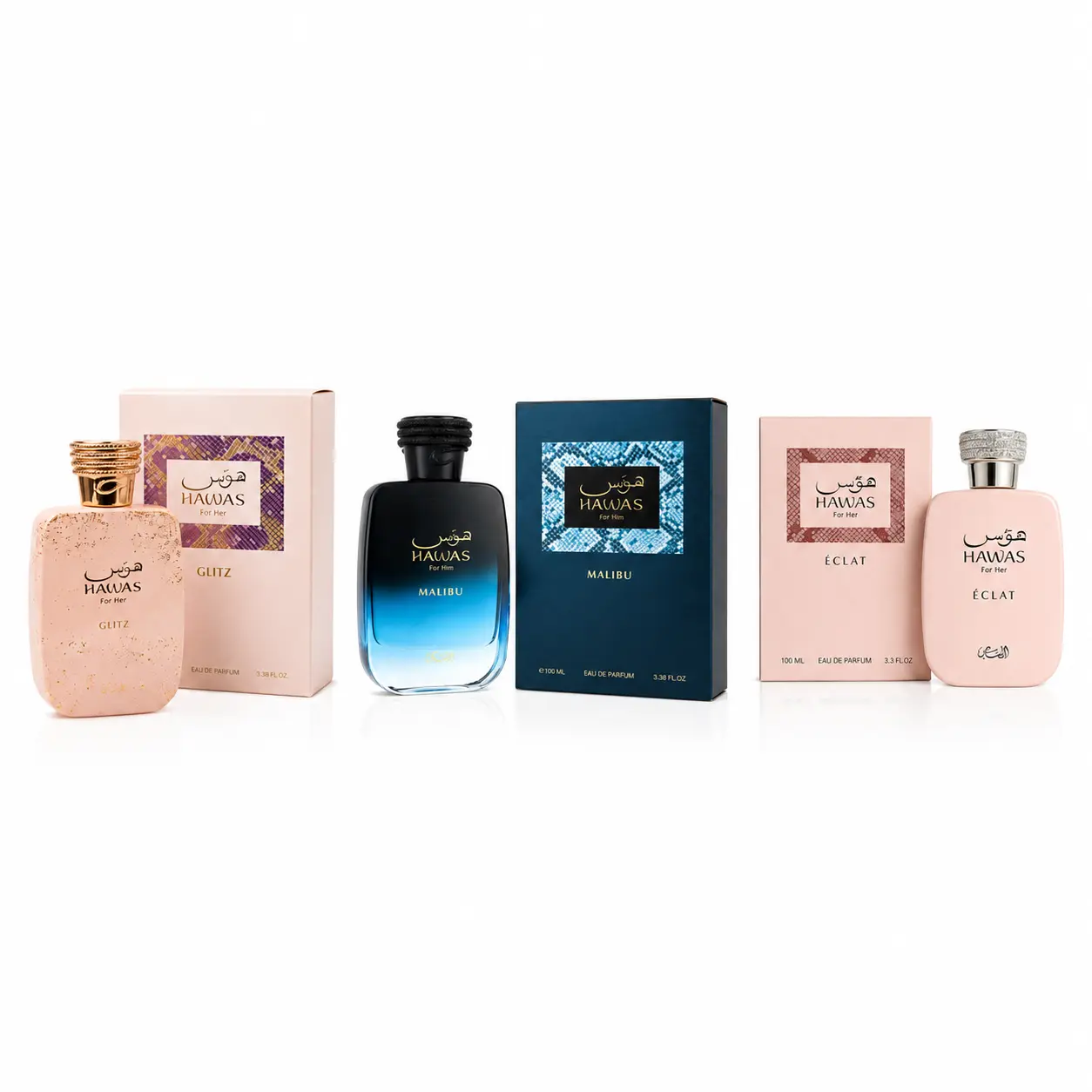 Rasasi Hawas Trio – Éclat + Glitz for Her + Malibu for Him Eau de Parfum 3 × 100ml | Couples Perfume Set | Floral Vanilla & Tropical EDP