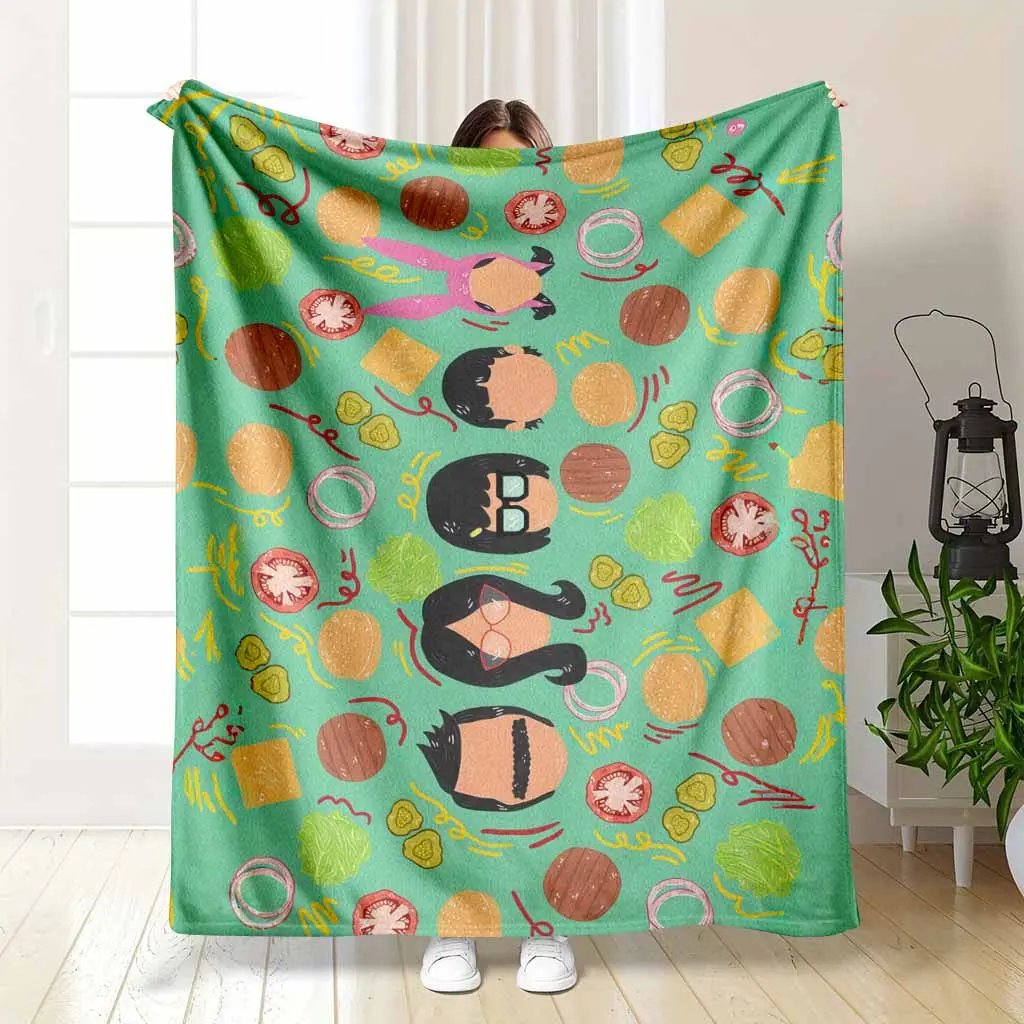 Burger Family Flannel Throw Blanket, Cartoon Food Print, Soft Warm Lightweight Breathable Cozy, Ideal for Sofa & Travel, Great Gift for Food Lovers, Lightweight Breathable Blanket