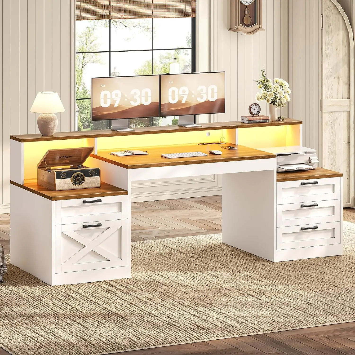 SEDETA 63 Inch Farmhouse Office Desk with 5 Drawers Executive Computer Desk with LED Lights Monitor Stand Wood Home Office Desk with 2 Printer Stand Power Outlet