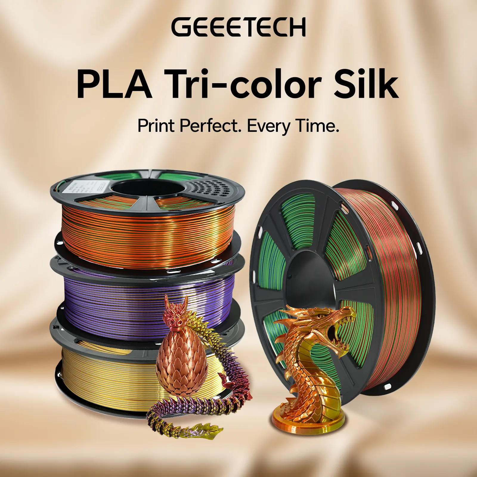 Geeetech Silk PLA 3D Printer Filament, Coextrusion Tri-Color Gold-Silver-Bronze Shiny Metal-Like 1.75mm, High Accuracy +/-0.02mm, Anti-Warping, Smooth Prints, Universal Fit, 1kg Spool, Ideal for 3D Printers & Cosplay Projects, Festival