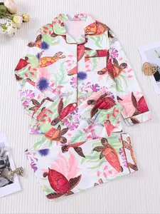 2-piece women's pajama set with turtle print, long-sleeved top and pants, small pockets, comfortable, soft, skin-friendly, smooth, and elastic waistband. Suitable for all seasons, casual loungewear and pajamas, Lounge Clothes