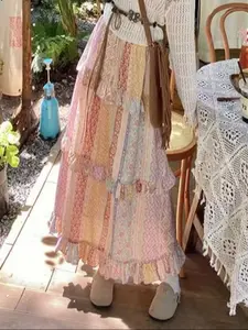 Women's Ethnic Style Patchwork Print Skirt Set, Long Loose-Fitting Half Skirt, Spring & Fall Holiday, Casual Travel Clothing