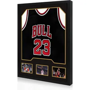 Jersey Frame Display Case 1 Pack Large Wooden Sport Jersey Shadow Box Frame with Mats and Real Tempered Glass Cover for Football Hockey Baseball Basketball Soccer Shirt Black