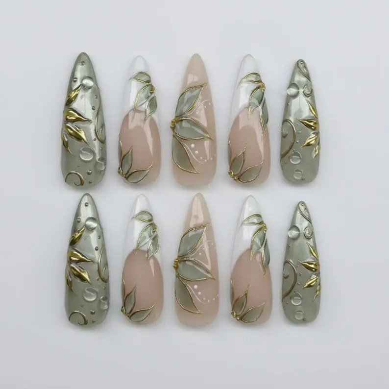 Sage Green Leaf Press On Nails: 3D Dewdrop Botanical Unique Elegant Luxury Art