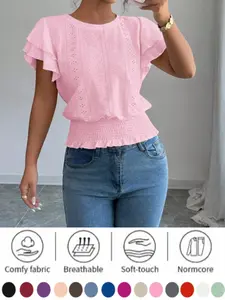 Women's 2026 Spring Summer T-Shirt, European Style Hollow Out Ruffle Sleeve, Round Neck Short Sleeve, Solid Color Casual Feminine Top, Womenswear