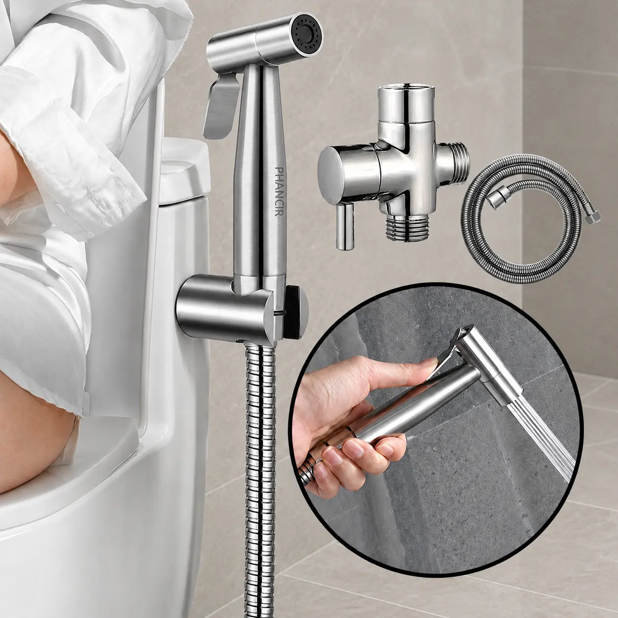 PHANCIR Handheld Bidet Sprayer for Toilet, Brushed Nickel Bidet Attachment for Feminine Wash PHANCIR Handheld Bidet Sprayer for Toilet, Brushed Nickel Bidet Attachment for Feminine Wash