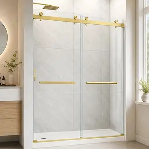 Frameless Double Bypass Sliding Shower Door (55-60 in W x 76 in H) - 5/16" Tempered Glass with Nano Explosion-Proof Film, Easy-Adjust, Reversible Installation, Rust-Resistant Hardware, Brushed Gold/Brushed Nickel/Matte Black Options, Bathroom Fixture, Eas