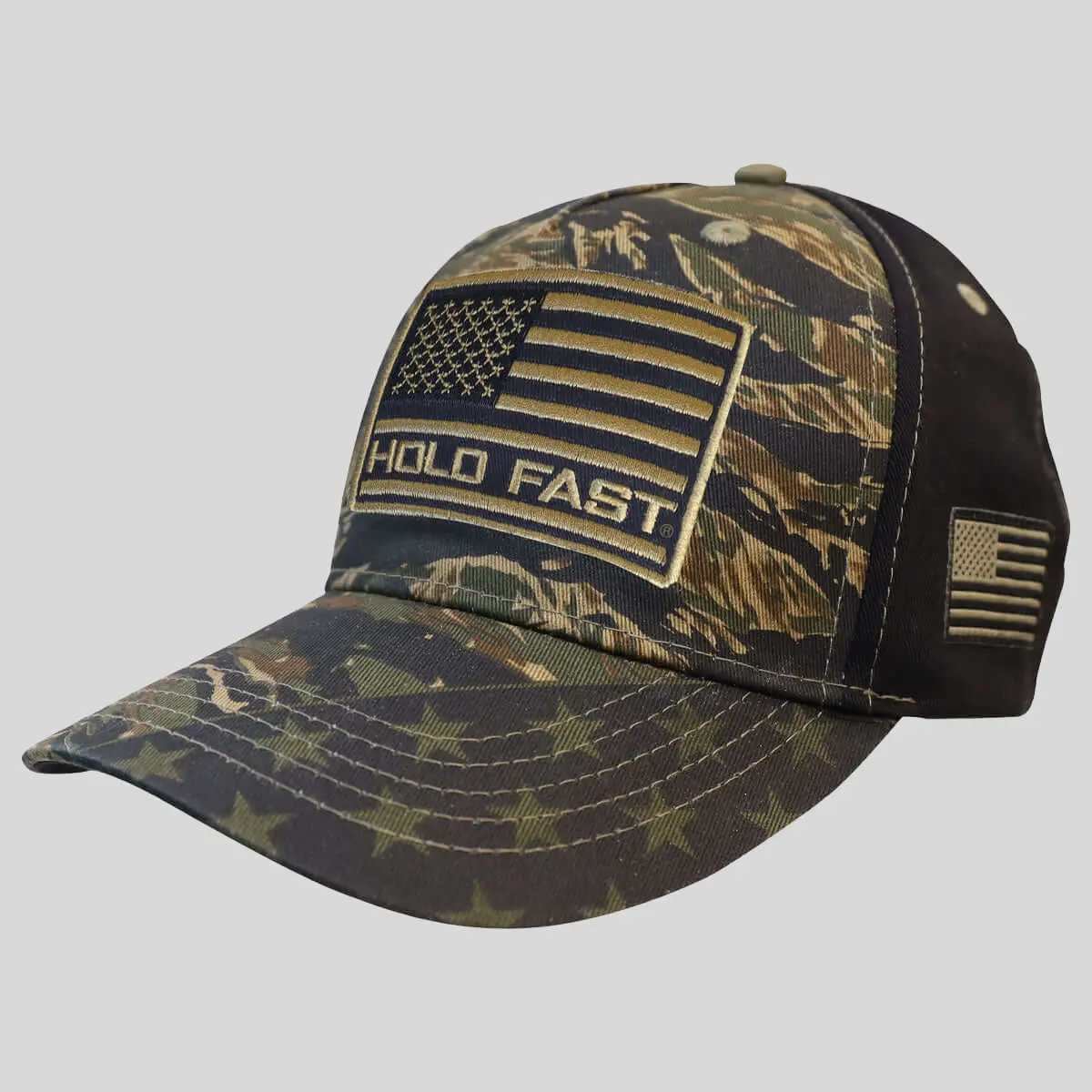 Men's Tiger Stripe Camo Baseball Cap, 100% Cotton Patriotic Clothes Accessory with National Emblem & US Flag, Adjustable Hook & Loop Closure for Male Casual Wear, Camouflage, Hold Fast®, Adjustable Velcro