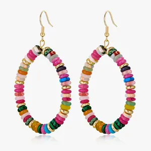New casual resort-style retro personality circle mixed-color abacus bead semi-precious stone earrings for women geometric design