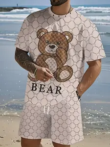 Men's Summer Latest Bear Doll Pattern 3D Print Casual Set, Tropical Breathable Polyester Short Sleeve T-Shirt with Shorts, Street Style, Outfit, Clothes, Summer Wear