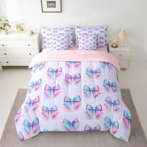 Bowknot Comforter Set,7 Piece for Girls,Dreamy Princess Bow Bedding Set,Purple Bow Knot Bed in A Bag Aesthetic Kawaii Decor Sheet Set for Kids Women Bedroom,Purple
