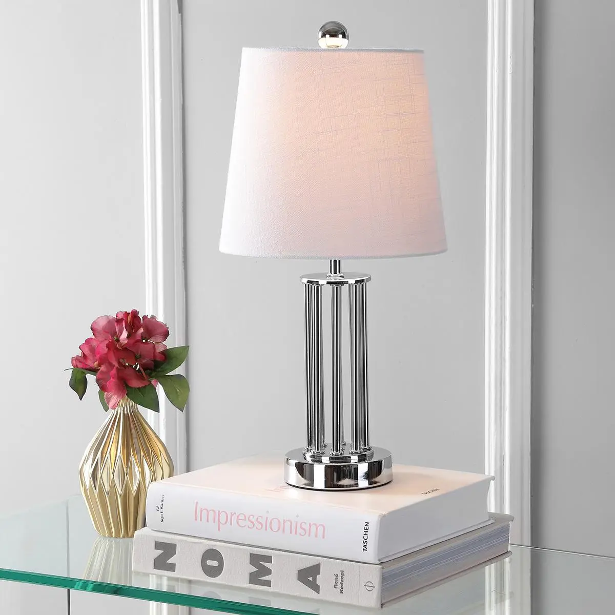 JONATHAN Y Lillian 18" Metal Mini Bedside Table Lamp, Chrome | Tri-Pillar Night Light, Modern Transitional Style, White Linen Empire Shade, Rotary Switch, LED Bulb Included
