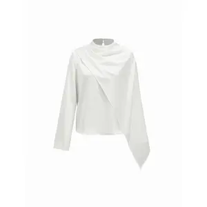 Cider Satin High Neck Draped Long Sleeve Blouse With Scarf