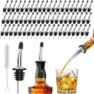 60 Pack Stainless Steel Pour Spouts for Liquor Bottles Oil Vinegar Wine, Liquor Bottle Pourers with Rubber Dust Caps, Bar Accessories for Bartending