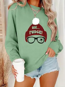 Women's Christmas Hat Print Drop Shoulder Thermal Lined Sweatshirt, Casual Letter Graphic Long Sleeve Round Neck Pullover for Fall & Winter, Women's Clothes for Daily Wear