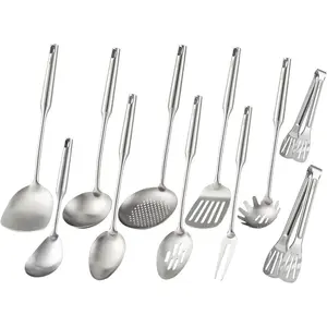 18/10 Stainless Steel Kitchen Utensils Set - 15” All Metal Cooking Tools, 11Pcs - 2 Tongs, Fork, Solid Spoon, Slotted Spoon, Spatula, Soup Ladle, Skimmer, Slotted Spatula, Spaghetti Spoon, Large Spoon