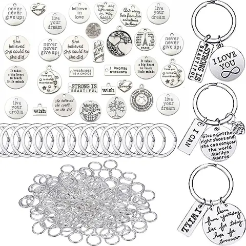 DIY Keyring Accessories, 100pcs/set Inspirational Keychain Kit, Including 20pcs Pendant & 20pcs Keyring & 60pcs Jump Circle, Art Crafts Keychain Supplies, Key Rings For Crafts, Alloy Keychain, Handmade Keychain, Keychain Charms