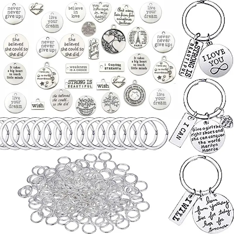 DIY Keyring Accessories, 100pcs/set Inspirational Keychain Kit, Including 20pcs Pendant & 20pcs Keyring & 60pcs Jump Circle, Art Crafts Keychain Supplies, Key Rings For Crafts, Alloy Keychain, Handmade Keychain, Keychain Charms