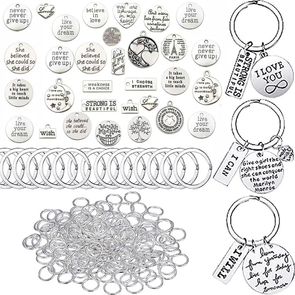 DIY Keyring Accessories, 100pcs/set Inspirational Keychain Kit, Including 20pcs Pendant & 20pcs Keyring & 60pcs Jump Circle, Art Crafts Keychain Suppl