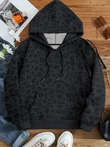 Women's Hooded Long Sleeve Fitted Pullover Sweatshirt, Fashion Street Style, Casual Vintage Leopard Print, Youthful Holiday Wear, Simple Campus Design