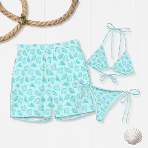Seashell Matching Couple Swimsuit Set – Women's String Bikini & Men's Beach Swim Trunks, Cute Summer Vacation Tropical Beachwear
