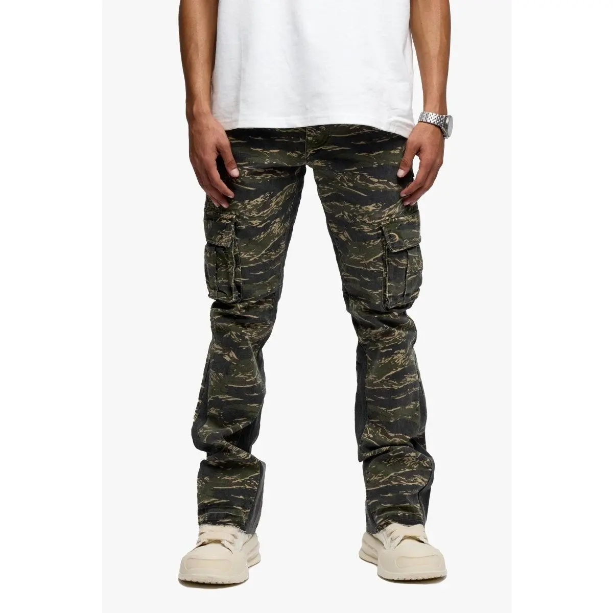 Women's Geno Stacked Cargo Flared Jeans - Tac Green Cotton-Spandex Fabric, Aesthetic Streetwear, Camo-Inspired, Tiger-Print Accent, Unisex-Friendly, Utility Pocket, Clothes, Bottoms, Statement, Stacked Jeans, Style, Tactical