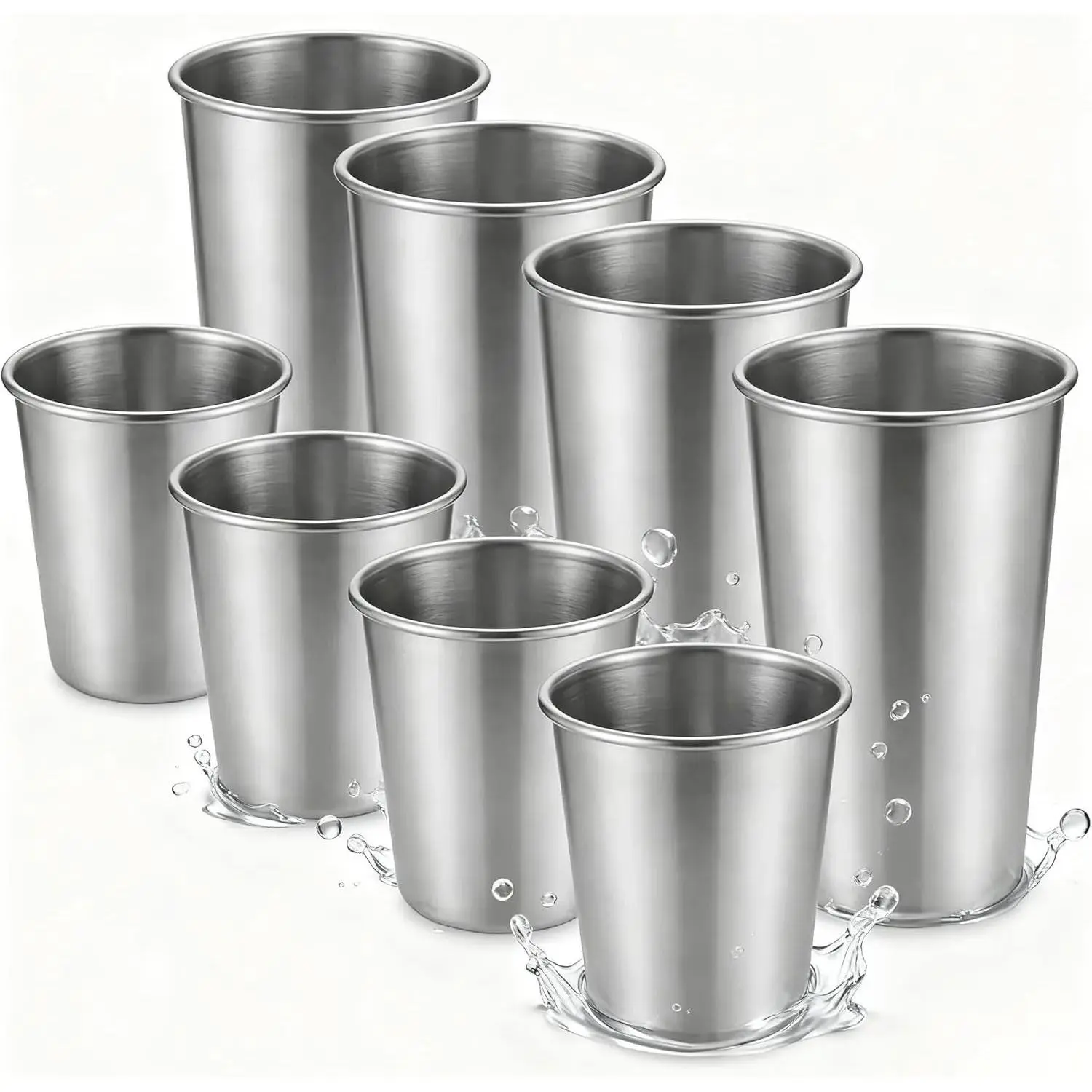 Stainless Steel Cups & Pint Tumblers Set of 8 - 4 Pack 8 oz + 4 Pack 16 oz Stackable, BPA Free Unbreakable 304 Metal Drinking Glasses for Children & Adults, Indoor Outdoor Picnic Travel Camping