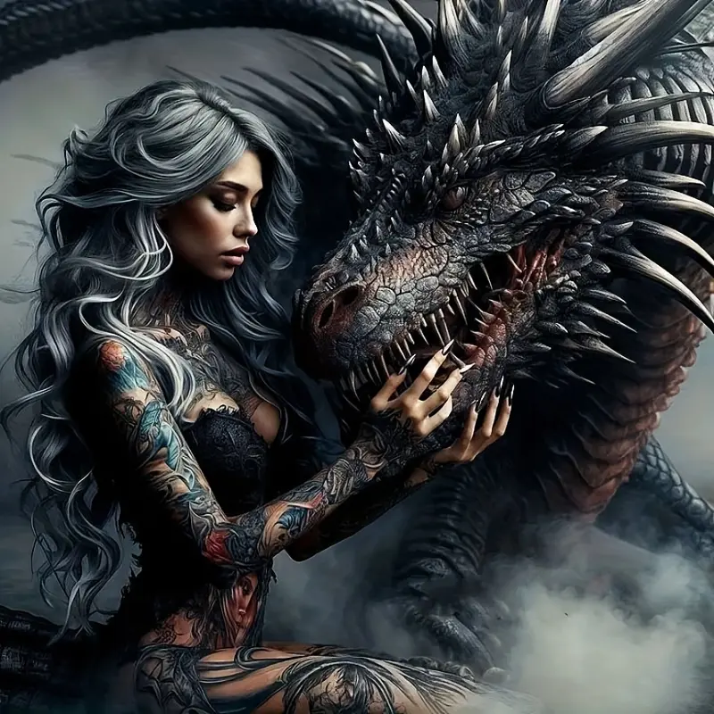 5D Full Drill Diamond Painting Kit, Tattooed Woman with Black Dragon Art for Home Wall Decor, DIY Craft Handicraft with Sparkling Beads, Canvas & Tools, Perfect for Fantasy & Mythical Themed Home Decoration