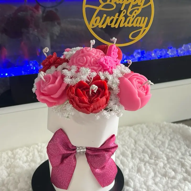 Candle Flower Bag - Decorative Floral Arrangement with Pink and White Flowers in Gift Box - Elegant Wax Bouquet for Special Occasions