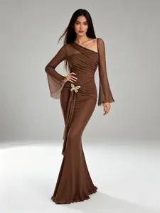 Asymmetric Shoulder Flare Sleeve Brown Bow Metal Buckle Mermaid Dress, Fall  Winter Dress, Western Wear Women, Country Concert Outfit, Old Money Style Women, Dresses For Women Party