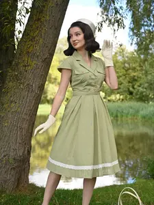 RETRO STAGE Women's 1940s Green Lace Plaid Cotton Patchwork Fitted Casual Dress