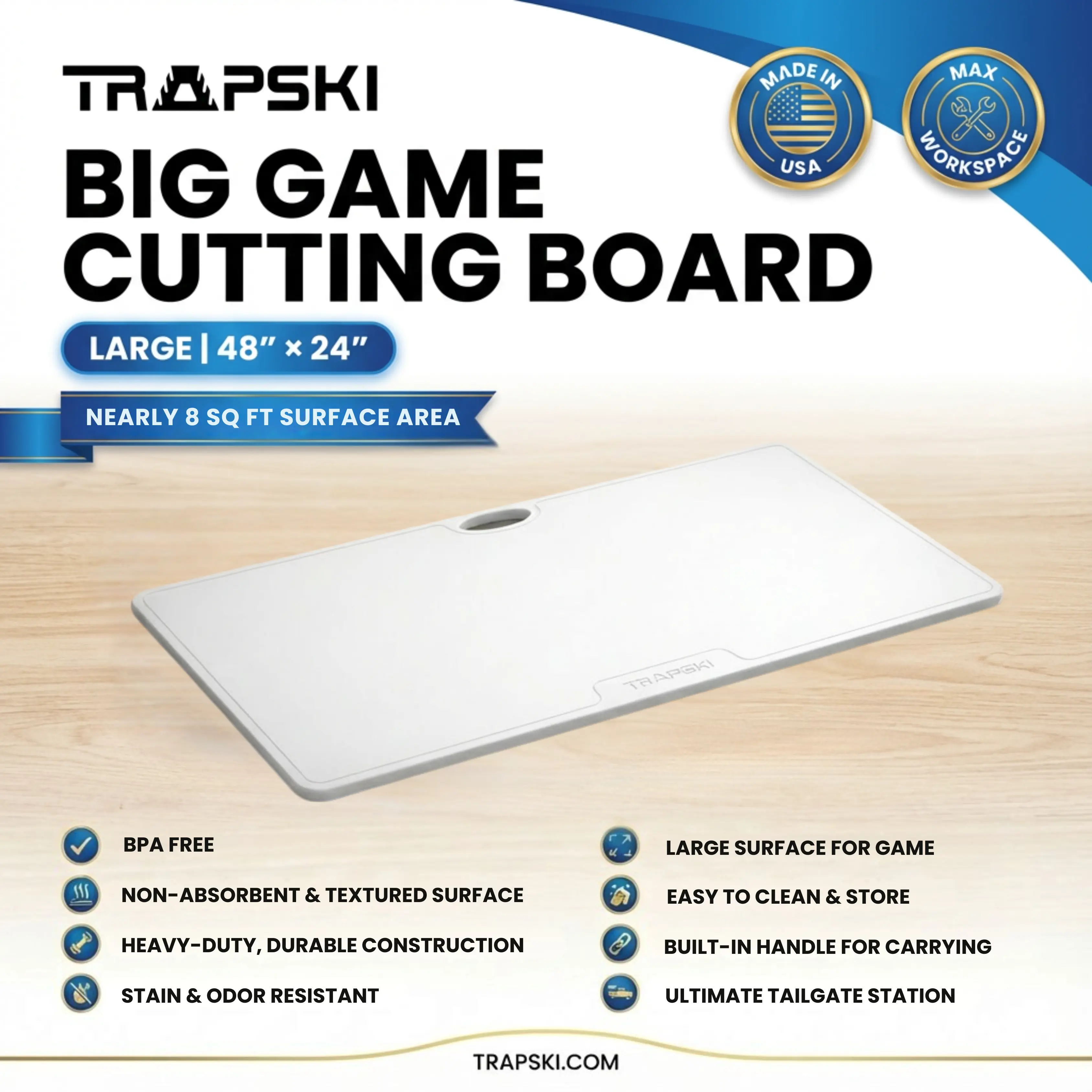 Big Game Cutting Chopping Board 3/8 Inch Thick | Food-Grade HDPE Optional Non-Skid Rubber Feet, Wide Juice Groove | 32 or 48 in x 18 in or 24 in for Tailgates, Coolers and Tables | Easy Grip Handle