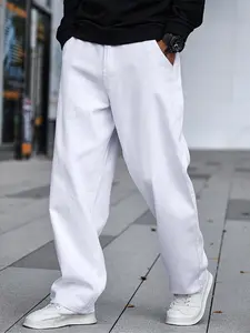 Men's Solid Color Button Fly Wide Leg Jeans, Loose Casual Comfy Slant Pocket Design Denim Trousers for Daily Wear, Woven Bottoms for All Seasons, Pants, Menswear