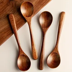 4pcs Wooden Soup Spoons, Japanese Style Long Handle Rice Spoons, Natural Unpainted Cutlery, Ideal for Restaurant/home Use