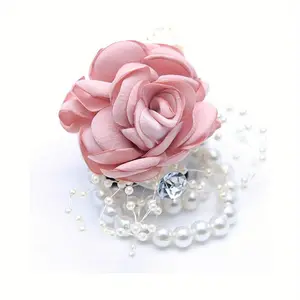 1pc Fstrend Wedding Bridal Corsage Wrist Flower - Pink Artificial Rose with Pearl & Crystal Accents, Lightweight Plastic Bridesmaid Bouquet for Prom