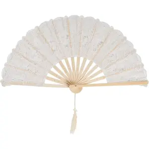 Cotton Lace Folding Hand Fans Embroidered   Handheld Fans for Costume Weddings Dancing Party DIY Bridal Hand Fan (Beige)