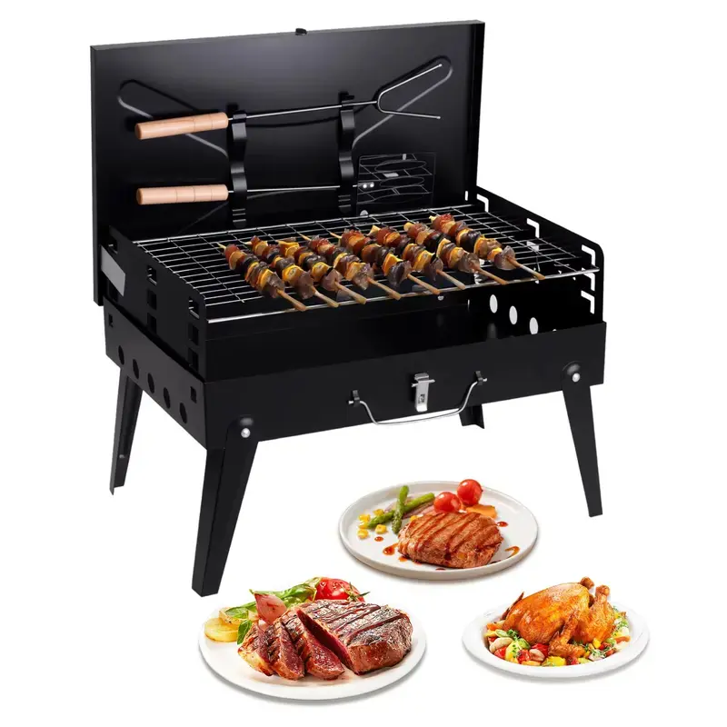 Portable Heavy-Duty Cast Iron Charcoal Grill - Adjustable Height, Foldable, Open Lid Design, Compact Lightweight BBQ for Camping, Tailgating, Backyard Barbecue, Picnic, Patio, Outdoor Cooking, Garden, Travel, Family Gatherings