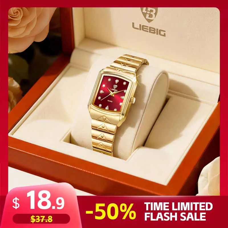 LIEBIG Women's 22.6mm Square Gold-Accented Analog Wrist Watch - 50M Waterproof, Red Dial Crystal-Studded Alloy Dressy Quartz Watch, Stainless Steel Band, Ideal Birthday Gift, Wrist-Based Quartz Watches, Alloy Quartz Watches