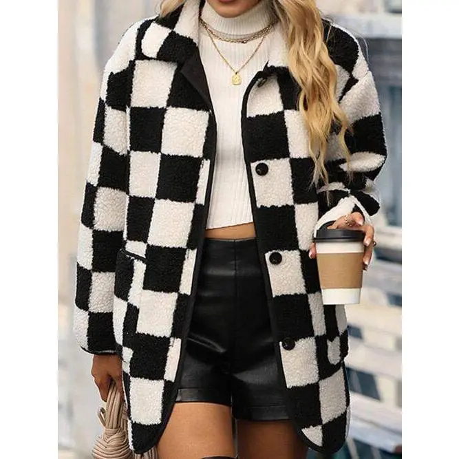 Double Take Plus Size Checkered Button Front Coat with Pockets